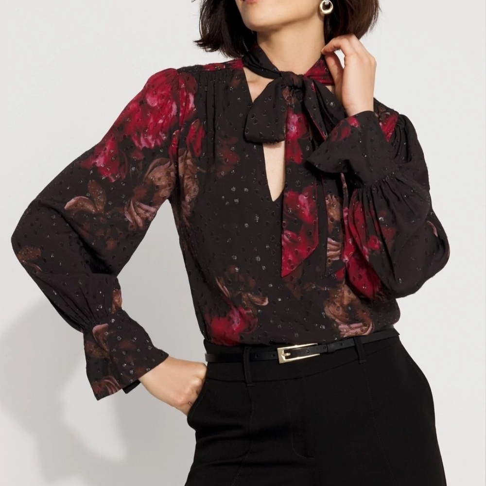 NWT White House Black Market Black and Red Floral Blouse Sz XL
